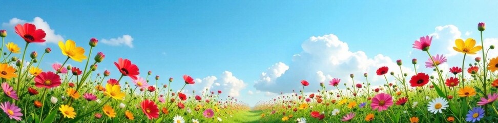 Fototapeta premium Vibrant wildflowers against a serene blue sky, foliage, floral, wildflower