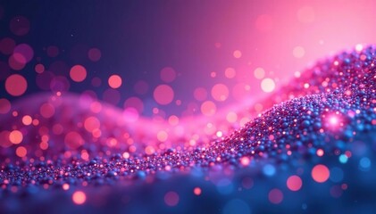 Glittering swirls in pink and blue blend with abstract shapes, bokeh, pink