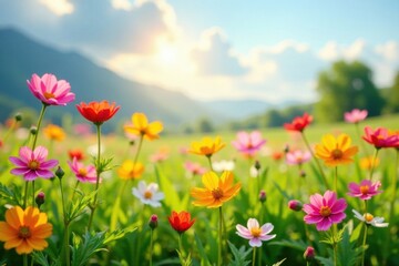 Fototapeta premium Vibrant wildflowers swaying in a sunny meadow , Fresh cut flowers, Watercolor flowers, Floral arrangement