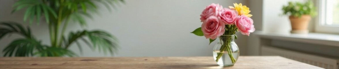 Fototapeta premium Pastel-colored flowers in a delicate glass vase on a wooden table, pastel colors, glass vase,