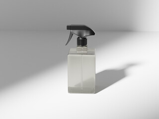 square trigger spray bottle, clear PET plastic sprayer packaging, translucent 500 ml foggy bottle, cubic-shape atomizer bottle mockup, regtangular liquid chemical container with sprayer head