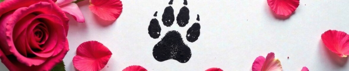 Obraz premium Paw print in black ink on white paper with rose petals surrounding it, small gestures, delicate, love symbol