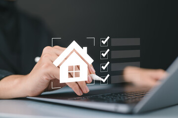 Real estate checklist concept, A woman professional organizing real estate tasks on a laptop using a digital checklist, streamlining property management and housing investments with innovative tools.