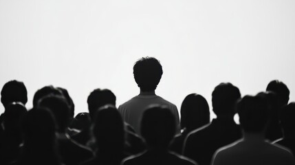 Obraz premium Colorful silhouette pf person standing in monochrome crowd of different people,surreal unique and different concept,loneliness in society,shadow,freedom,Love,be yourself,Stand out from the crowd.