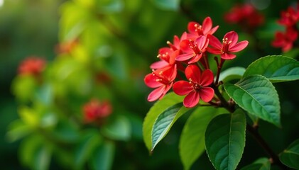 Cornus Sanguinea tree with red flowers and green leaves, garden, green leaves