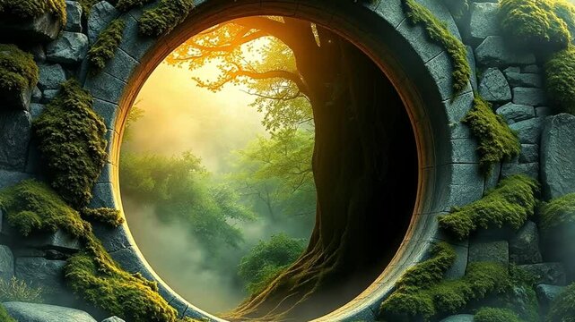 Magical Portal to Enchanted Forest with Glowing Tree &ndash; Fantasy Gateway with Golden Light Leading to a Mystical Nature Realm