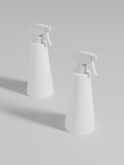 white trigger spray bottle mockup, cone-shaped PET plastic sprayer packaging, white liquid atomizer Tapered bottle mockup, conical cosmetic container with foggy head, cleaning product container