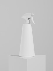 white trigger spray bottle mockup, cone-shaped PET plastic sprayer packaging, white liquid atomizer Tapered bottle mockup, conical cosmetic container with foggy head, cleaning product container