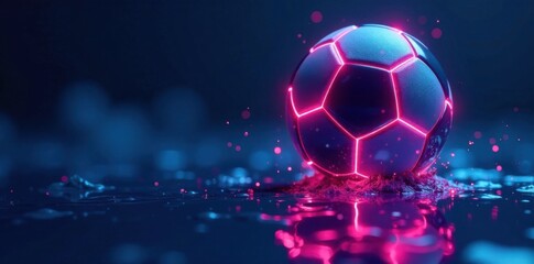 Naklejka premium radiant neon colored soccer ball floating above a dark blue ocean, beach scene, neon soccer ball, abstract ball
