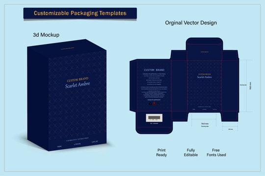 Packaging box design template layout with Box die line, 3d  Box Mockup, icon, frames and Design elements, 3d Illustration, Vector design Template.