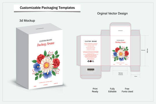Packaging box design template layout with Box die line, 3d  Box Mockup, icon, frames and Design elements, 3d Illustration, Vector design Template.