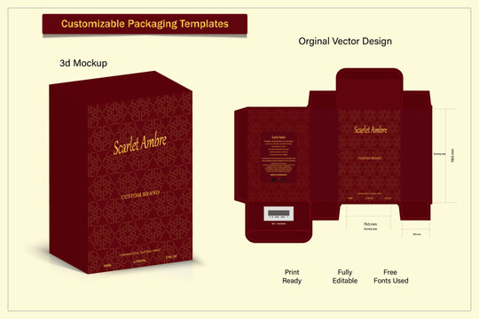 Packaging box design template layout for perfume with Box die line, 3d luxury Box Mockup, icon, frames and Design elements, 3d Illustration, Vector design Template.
