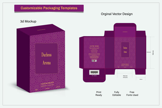Packaging box design template layout with Box die line, 3d  Box Mockup, icon, frames and Design elements, 3d Illustration, Vector design Template.