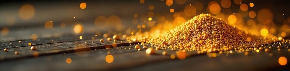Glittering gold dust scattered on a wooden surface, reflective, particles