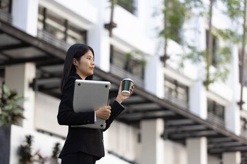 Future remote work combines technology smart phone digital business woman enable e-learning...