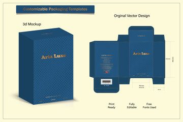 Packaging box design template layout for perfume with Box die line, 3d luxury Box Mockup, icon, frames and Design elements, 3d Illustration, Vector design Template.