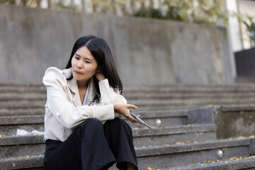 Future remote work combines technology smart phone connection online white digital business woman...