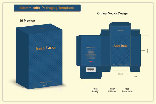 Packaging box design template layout for perfume with Box die line, 3d luxury Box Mockup, icon, frames and Design elements, 3d Illustration, Vector design Template.