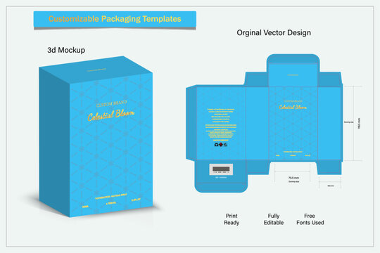Packaging box design template layout with Box die line, 3d  Box Mockup, icon, frames and Design elements, 3d Illustration, Vector design Template.