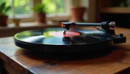 Obraz premium Vinyl records spinning on a wooden table, music, vintage, swirls