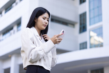 Future remote work combines technology smart phone connection online white digital business woman...
