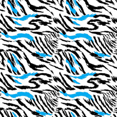 Seamless pattern of bold black and white tiger stripes with vibrant blue accents