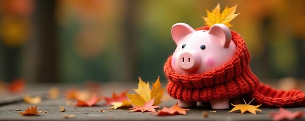 Knitted scarf wrapped piggy bank with falling autumn leaves, piggy bank, savings jar
