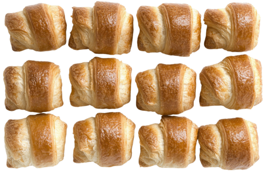 Golden brown mini croissants arranged in grid pattern on transparency background