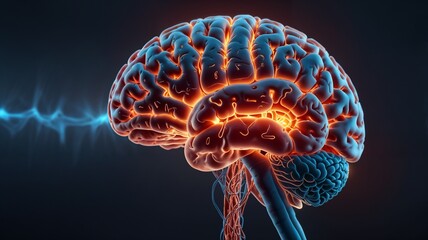 medical illustration of human brain with active vagus nerve