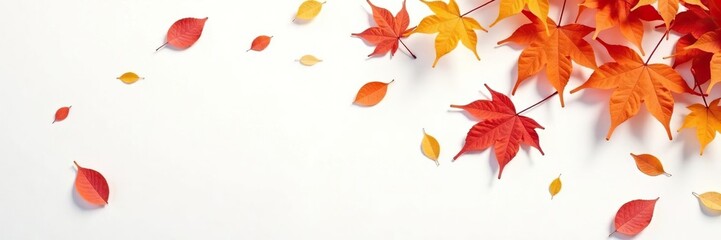 Delicate maple leaves scattered on white background, autumn, white background, leaves