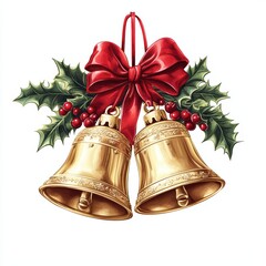 Golden bells with holly, bow, festive decor