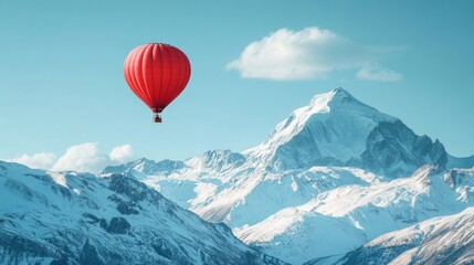 Fototapeta premium Red Hot Air Balloon Flying Over Snowy Mountain Range Landscape