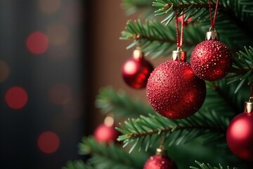 Obraz premium Glittering red candy clusters adorn the Christmas tree branches, candies, christmas