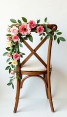 Watercolor floral garland wrapped around a wooden chair , wooden chair, home, interior