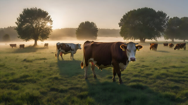 Serene Sunrise Cows Grazing in Dewy Meadow with Morning Fog