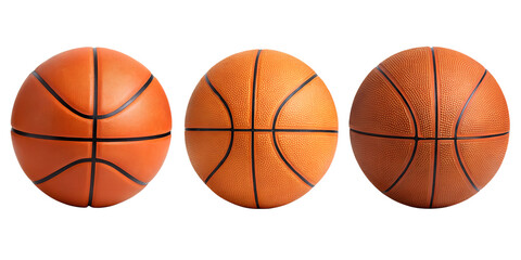 Obraz premium Three Different Style Orange Basketball on White, Classic Orange Basketball, Sports Equipment Display, Cut Out