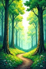 Fototapeta premium Watercolor painting of a forest with tall trees and lush greenery, forest, foliage, watercolor