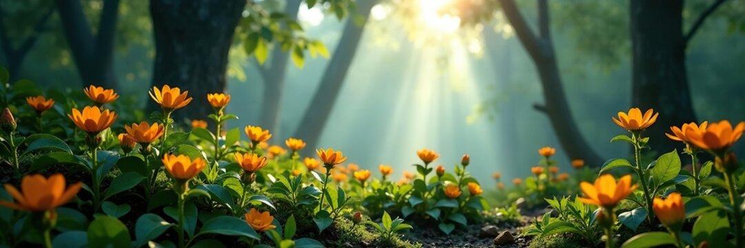 Visos amarillos y flores de naranja en el bosque con niebla, paisaje, bosque de niebla