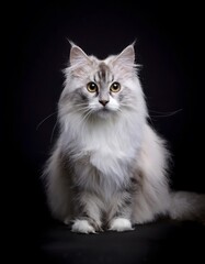 Norwegian Forest Cat with Fluffy White and Gray Fur on Black Background, High-Quality Animal Photography