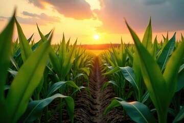 Obraz premium Corn plants stretching towards the morning sun, agriculture, fields