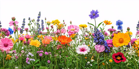 Fototapeta premium A vibrant display of wildflowers in full bloom, showcasing a variety of colors and textures against a white background.