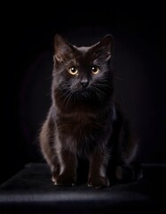 Fototapeta premium Elegant Black Cat with Golden Eyes on Dark Background, High-Resolution Animal Portrait