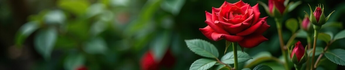 Obraz premium Crimson rose in a vase amidst lush greenery and flowers, leaves, stems