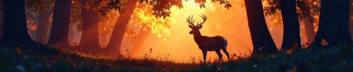 Silhouette of a deer in forest with tree branches and leaves, foliage, deer silhouette, forest