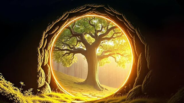 Magical Portal to Enchanted Forest with Glowing Tree &ndash; Fantasy Gateway with Golden Light Leading to a Mystical Nature Realm