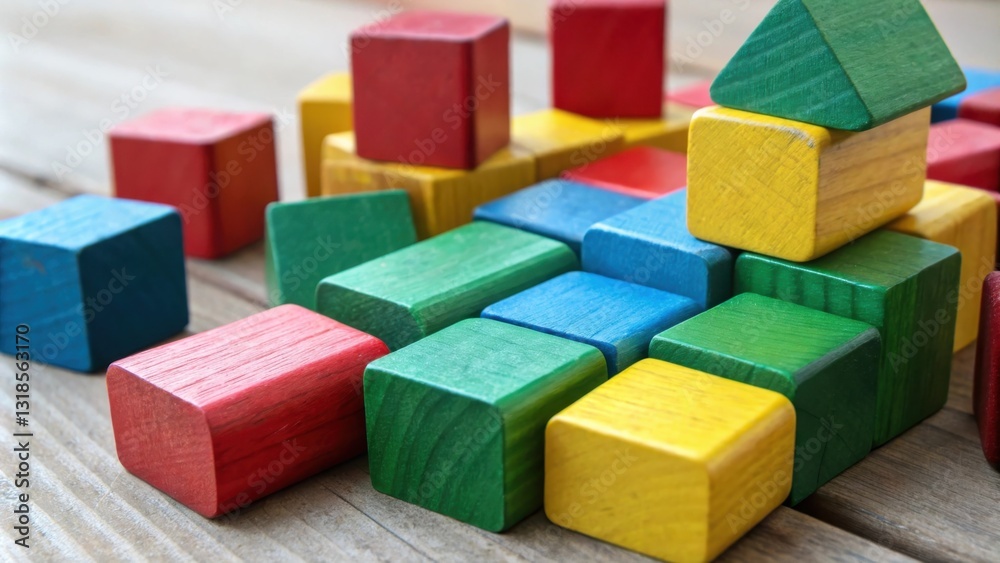 Poster A colorful assortment of wooden building blocks arranged in a haphazard yet intriguing configuration, hinting at a playful and imaginative spirit.