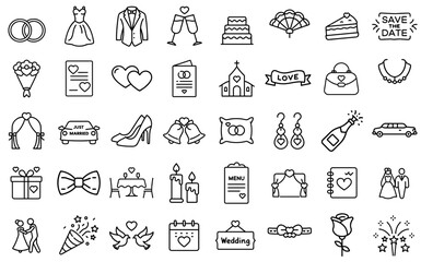 Collection of wedding icons including dresses, rings, cake, and decorations in simple line art style