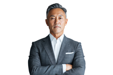 Confident businessman in tailored suit with arms crossed, exuding professionalism and leadership. image captures strong presence and determination