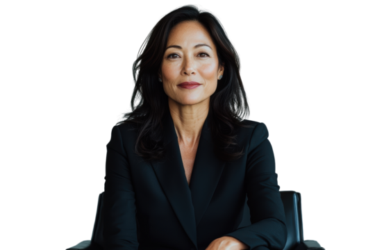Confident businesswoman in black suit, sitting in chair, smiling warmly. Her professional demeanor conveys leadership and approachability, ideal for corporate settings