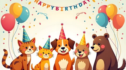 Fototapeta premium Cute Animal Friends at a Birthday Party Celebration, Adorable Cartoon Animals with Party Hats and Balloons, Happy Birthday Illustration with Cute Animal Characters, Playful Animal Friends Celebrating